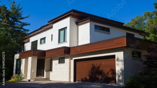 facade. Modern residential architecture with clean lines  bathed in neutral tones under daylight. real-estate listings.