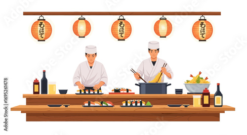 Vibrant Japanese Cuisine Preparation Scene with Chefs and Traditional Lanterns
