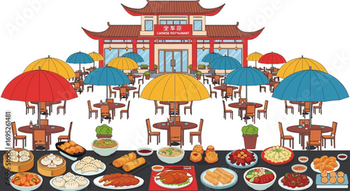 Vibrant depiction of a chinese restaurant with a wide selection of food