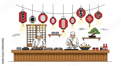 Vibrant japanese culinary experience restaurant with chefs and decorations