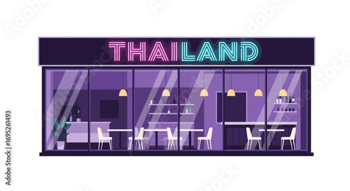 Vibrant Thailand Restaurant Facade with Neon Signage and Modern Design