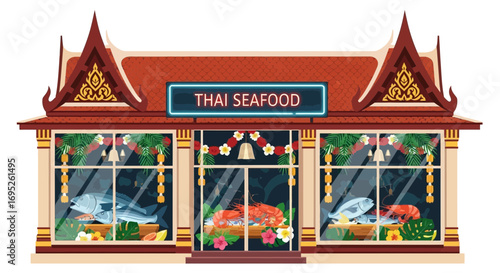 Vibrant Thai Seafood Restaurant Facade Showcasing Fresh Marine Cuisine