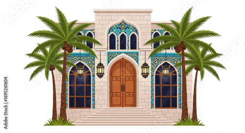 Arabian palace architecture featuring palm trees with a luxurious aesthetic