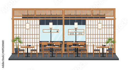 Authentic asian restaurant interior with traditional wooden decor elements