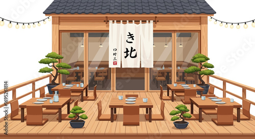 Charming exterior view of traditional Japanese restaurant with outdoor seating