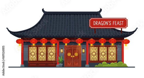 Charming chinese restaurant building with illuminated red lanterns