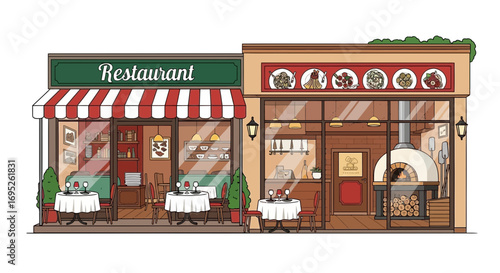 Charming Illustration of Two Adjacent Restaurants with Distinct Styles