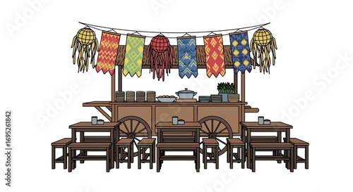Charming illustrative depiction of a street food cart with dining setup