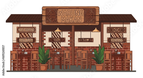 Charming Indonesian Warung Makan Illustration with Traditional Culinary Offerings