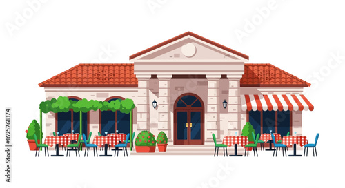 Charming italian restaurant exterior with red roof and outdoor seating area
