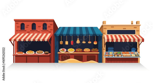 Charming street food stalls with vibrant awnings and culinary delights