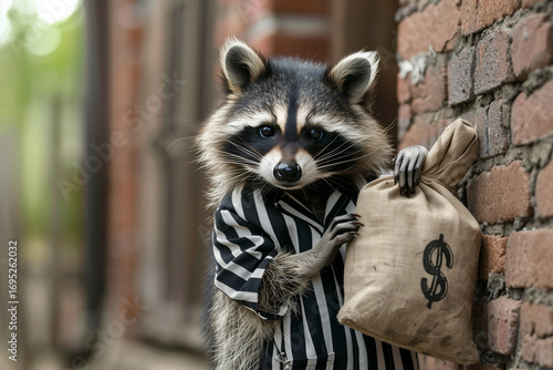 Raccoon Thief Standing Against a Brick Wall Holding a Burlap Sack of Cash While Dressed in Classic Jail Stripes