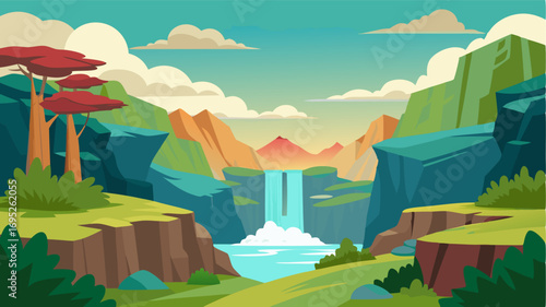 A serene oasis nestled amidst rocky cliffs and verdant meadows where the sound of rushing waterfalls lulls you into peace.