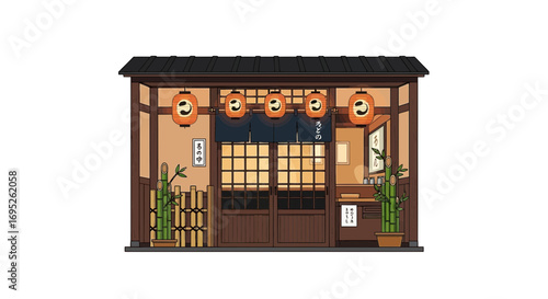 Charming traditional japanese storefront facade adorned with glowing lanterns