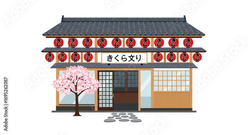 Charming traditional japanese building facade with cherry blossom tree