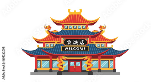 Colorful Chinese Pagoda Style Building Facade with Dragon Sculptures