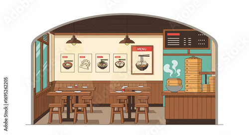 Cozy Cartoon Restaurant Interior with Asian Cuisine Illustrations Displayed
