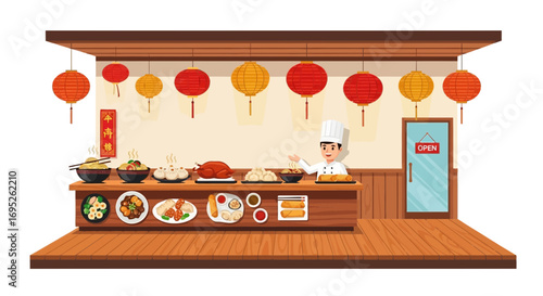 Cozy Chinese Restaurant Illustration Featuring Culinary Variety and Warm Lanterns