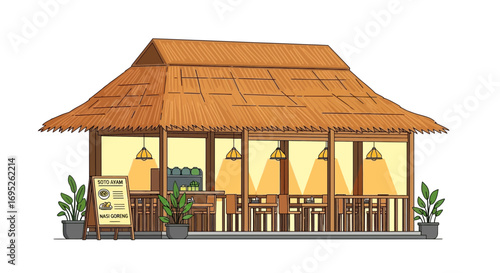 Cozy Indonesian eatery illustration with tropical thatched roof design