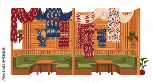 Cozy interior design with ethnic textiles and bamboo walls and furniture