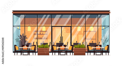 Cozy restaurant facade with transparent walls and inviting outdoor seating