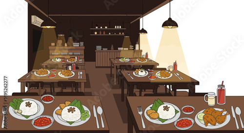 Cozy restaurant interior showcasing delicious Indonesian culinary delights artwork
