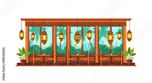 Cozy restaurant interior with hanging lanterns overlooking a tropical cityscape