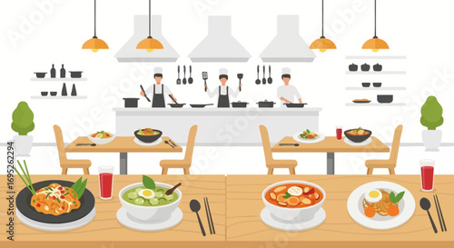 Culinary Scene with Chef Figures Preparing Meal and Delicious Dishes