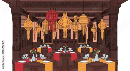 Elegant dining hall with decorative lanterns and artistic ornamental elements