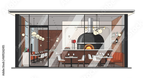 Elegant Interior of Modern Restaurant Featuring Brick Oven and Stylish Seating
