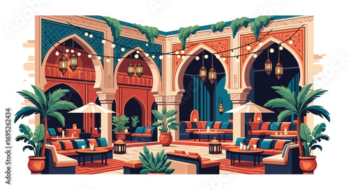 Elegant Moroccan Restaurant Courtyard with Archways and String Lights