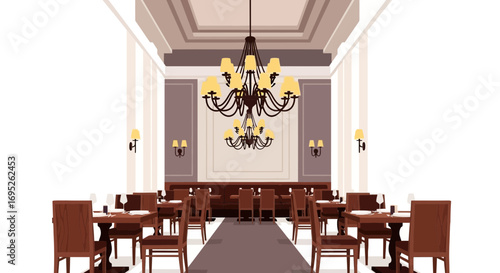 Elegant restaurant interior with chandelier and meticulously set tables
