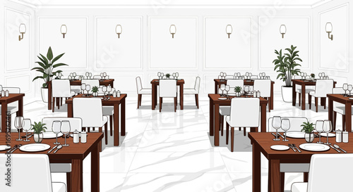 Elegant restaurant interior with stylish furniture and table settings in sketch style