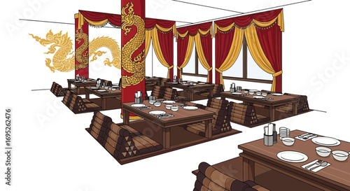 Elegant traditional asian restaurant interior with ornate dragon decorations