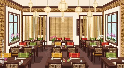 Elegant Thai restaurant interior with ethnic decorations and warm lighting