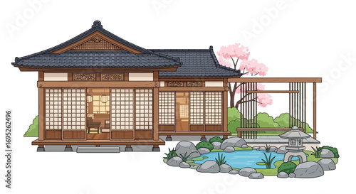 Elegant traditional Japanese house illustration with garden and cherry blossoms