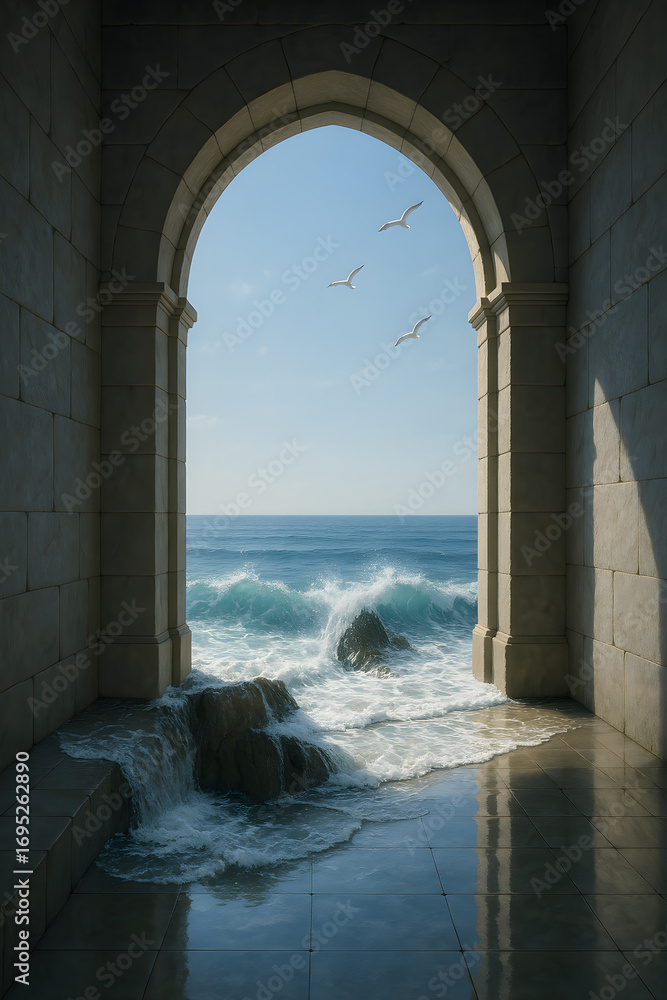Fototapeta premium A large archway with a view of the ocean and three seagulls flying in the sky