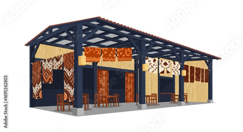 Illustrative representation of an open-air market stall featuring batik textiles