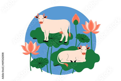 Lotus Cows A Lakshmi-Inspired Vector Art Illustration of Serene Bovines in a Tranquil Pond