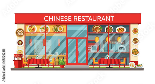 Inviting facade of an authentic Chinese restaurant with vibrant dishes