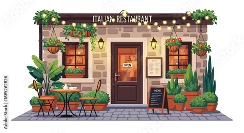 Inviting Italian Restaurant Facade with Cozy Outdoor Seating Area