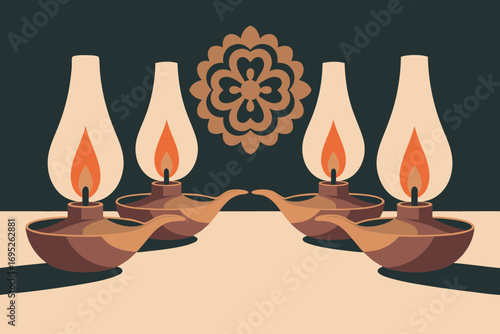 Beautiful vector artwork showcasing four traditional Indian oil lamps with warm flames, evoking the spirit of Lakshmi Puja and festive cultural celebrations, symbolizing light and prosperity