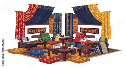Intricate illustration of an opulent lounge area inspired by arabian themes