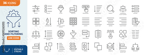 Sorting and filtering line editable icon set. Contain icons related to filter, category, arrange, list, sort,  reorder, organize, and more. Editable stroke. Vector illustration