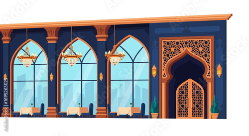 Opulent arabian interior restaurant setting with intricate details