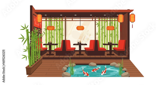 Serene japanese restaurant interior with pond, bamboo, and elegant design