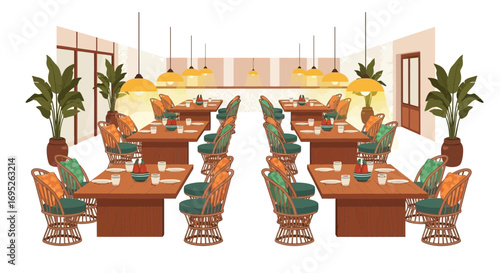Serene restaurant setting with wicker chairs and ambient lighting design