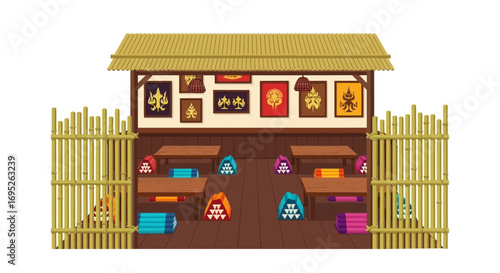 Serene Thai Tea House Interior With Traditional Decor and Bamboo Fence