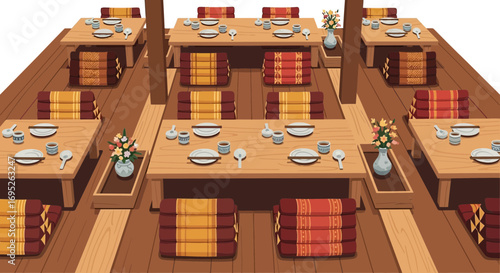 Serene traditional japanese dining room setup with tatami mats illustration