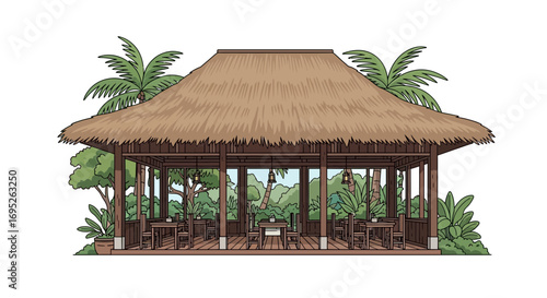 Serene tropical gazebo restaurant with lush greenery and a thatched roof